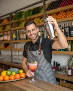 Adam, professional bartender at Savory Bites Daily, preparing a vibrant fruit cocktail with a shaker behind a rustic wooden bar.