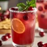 cranberry mocktail with mint and sugared rim in highball glass
