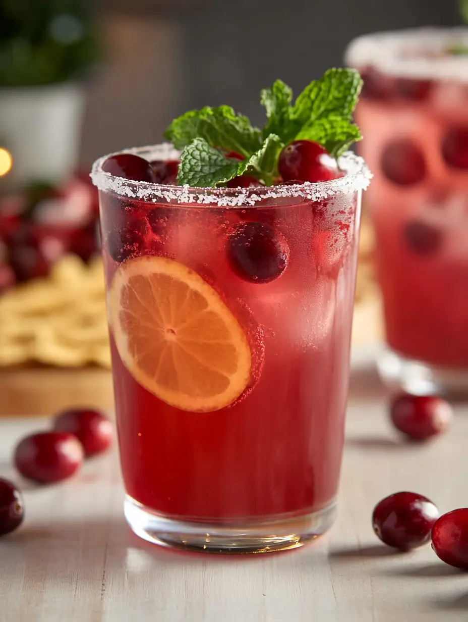 cranberry mocktail with mint and sugared rim in highball glass