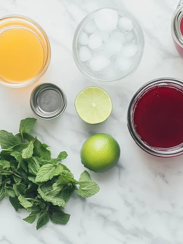 cranberry mocktail ingredients flat lay on kitchen counter