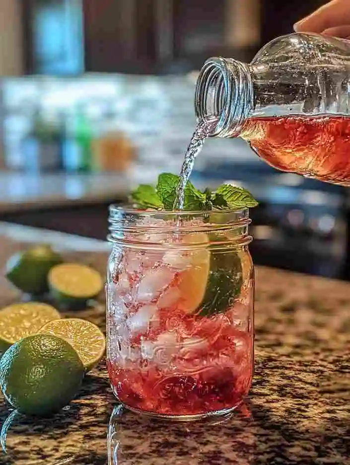 cranberry mocktail being prepared step-by-step in mason jar