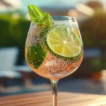 hugo spritz mocktail with mint and lime on sunny patio