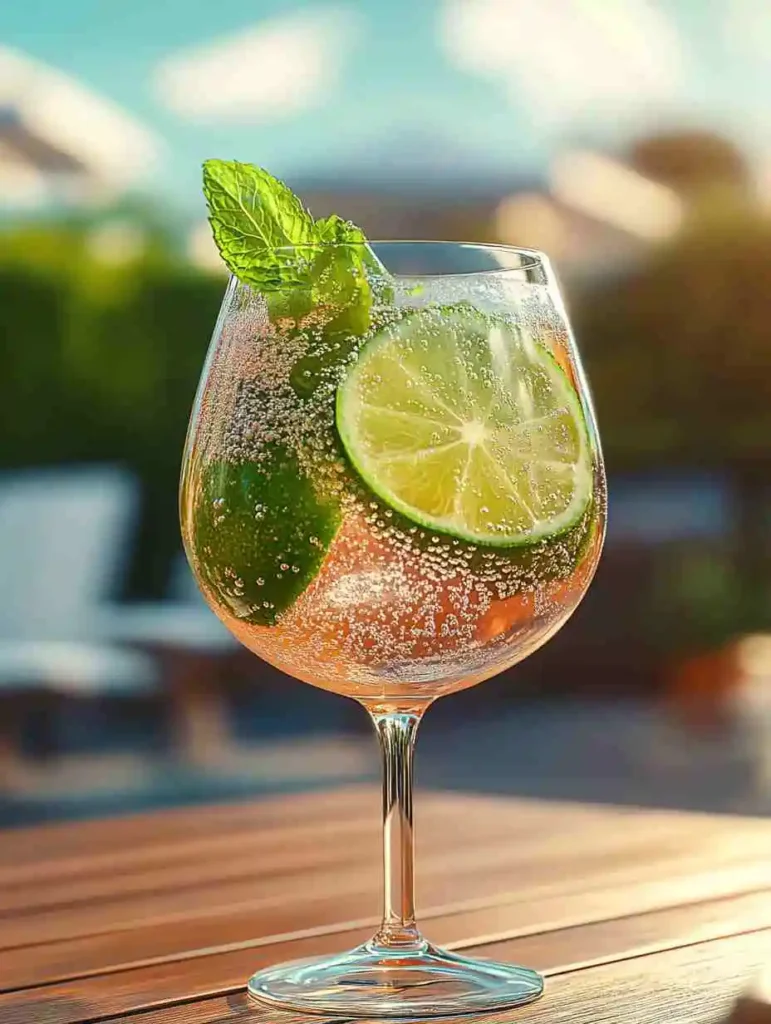 hugo spritz mocktail with mint and lime on sunny patio