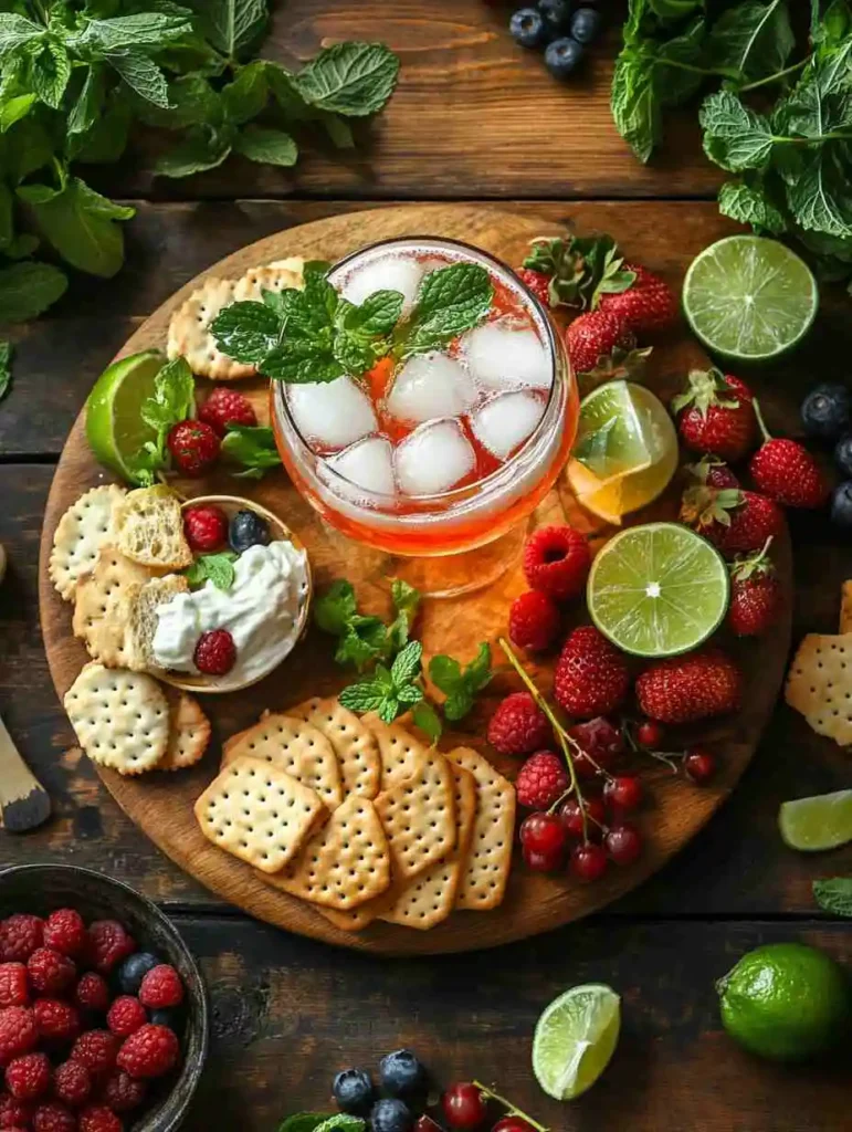 hugo spritz mocktail paired with party snack board