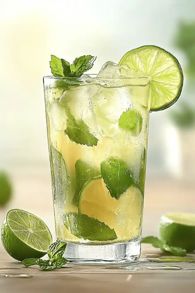 Mojito mocktail recipe in tall glass with lime and mint