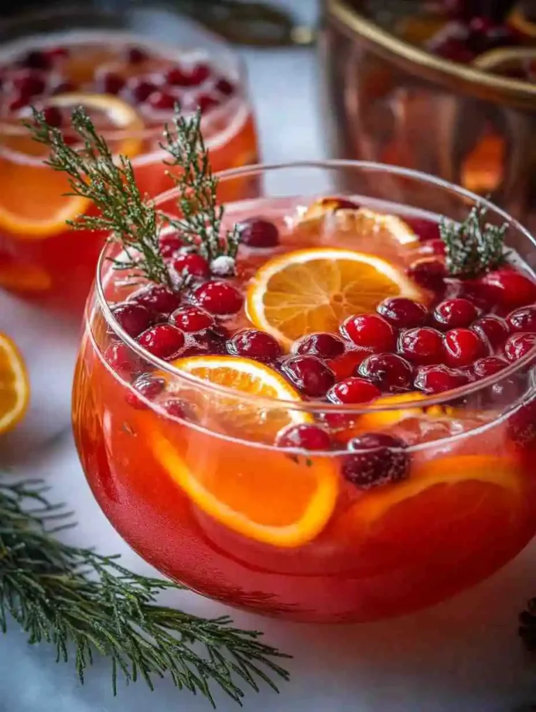 Non-alcoholic sparkling holiday punch in a festive bowl
