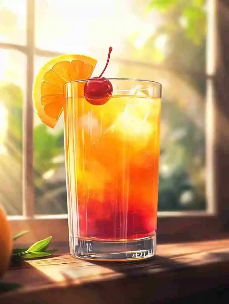 Sunrise mocktail in highball glass with orange and red layers