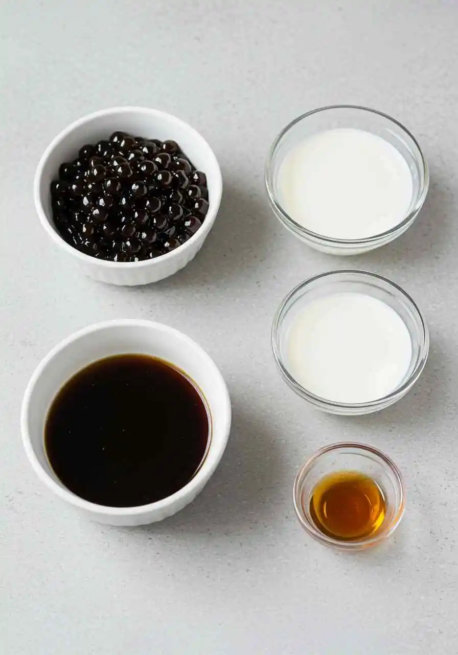 black-milk-tea-boba-ingredients Black milk tea boba ingredients laid out