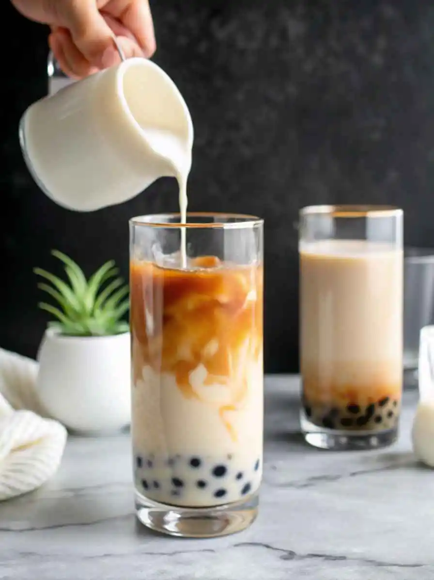black-milk-tea-boba-recipe Black milk tea boba with tapioca pearls in tall glass