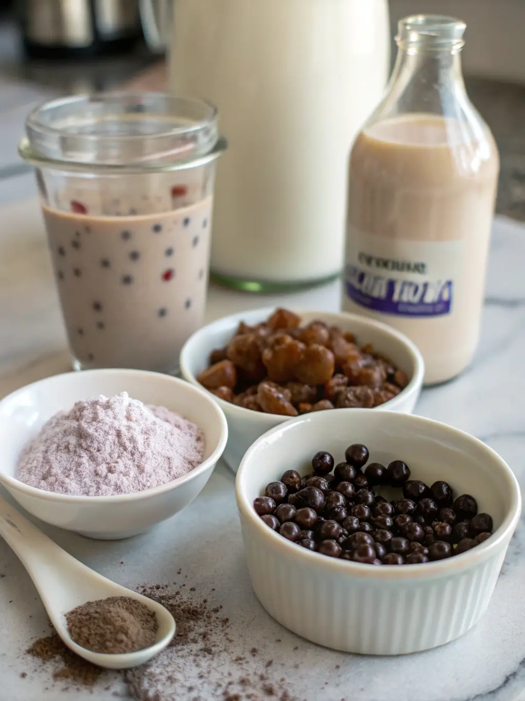 close-up-photo-of-ingredients-for-taro-milk-tea-in Ingredients for making taro milk tea at home