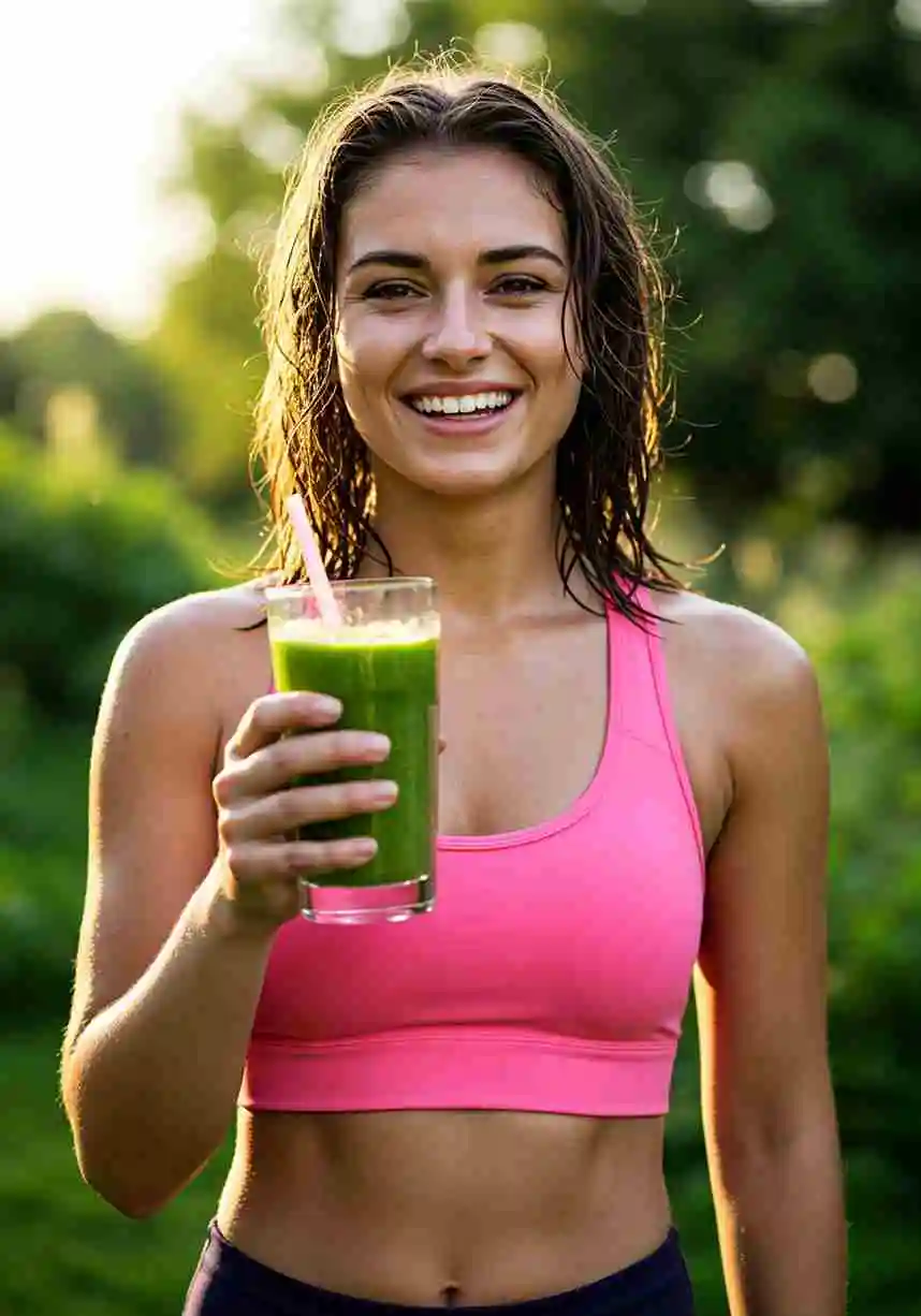 detox-green-smoothie-review-happy Woman enjoying Tropical Smoothie Detox Island Green