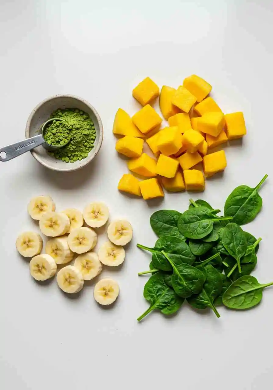 matcha-green-tea-smoothie-ingredients Matcha smoothie ingredients with fruits and greens
