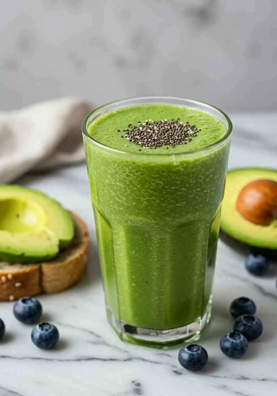 matcha-smoothie-serving-ideas Matcha smoothie with toppings and side snacks