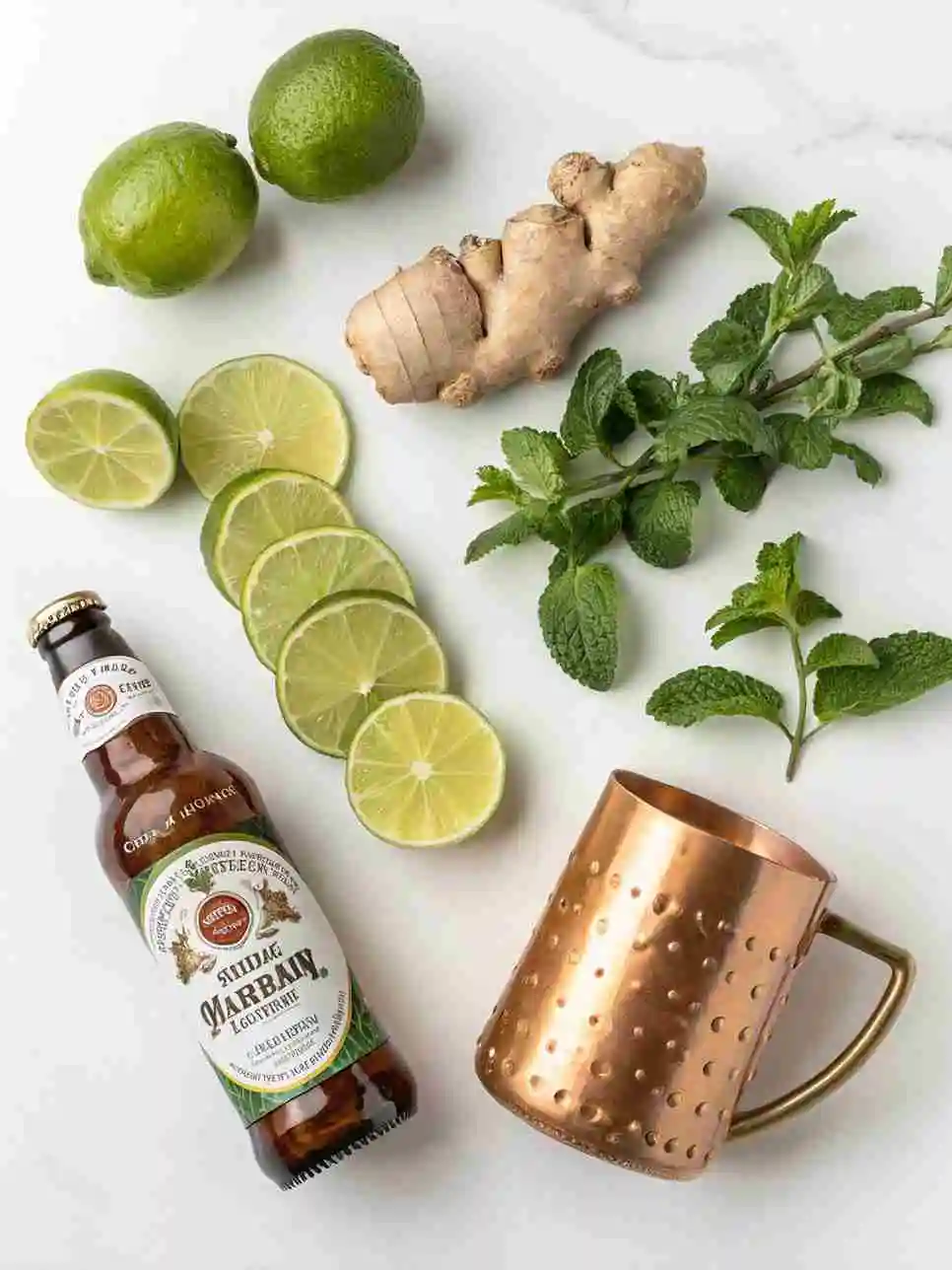 moscow-mule-mocktail-ingredients Moscow Mule Mocktail ingredients flat lay