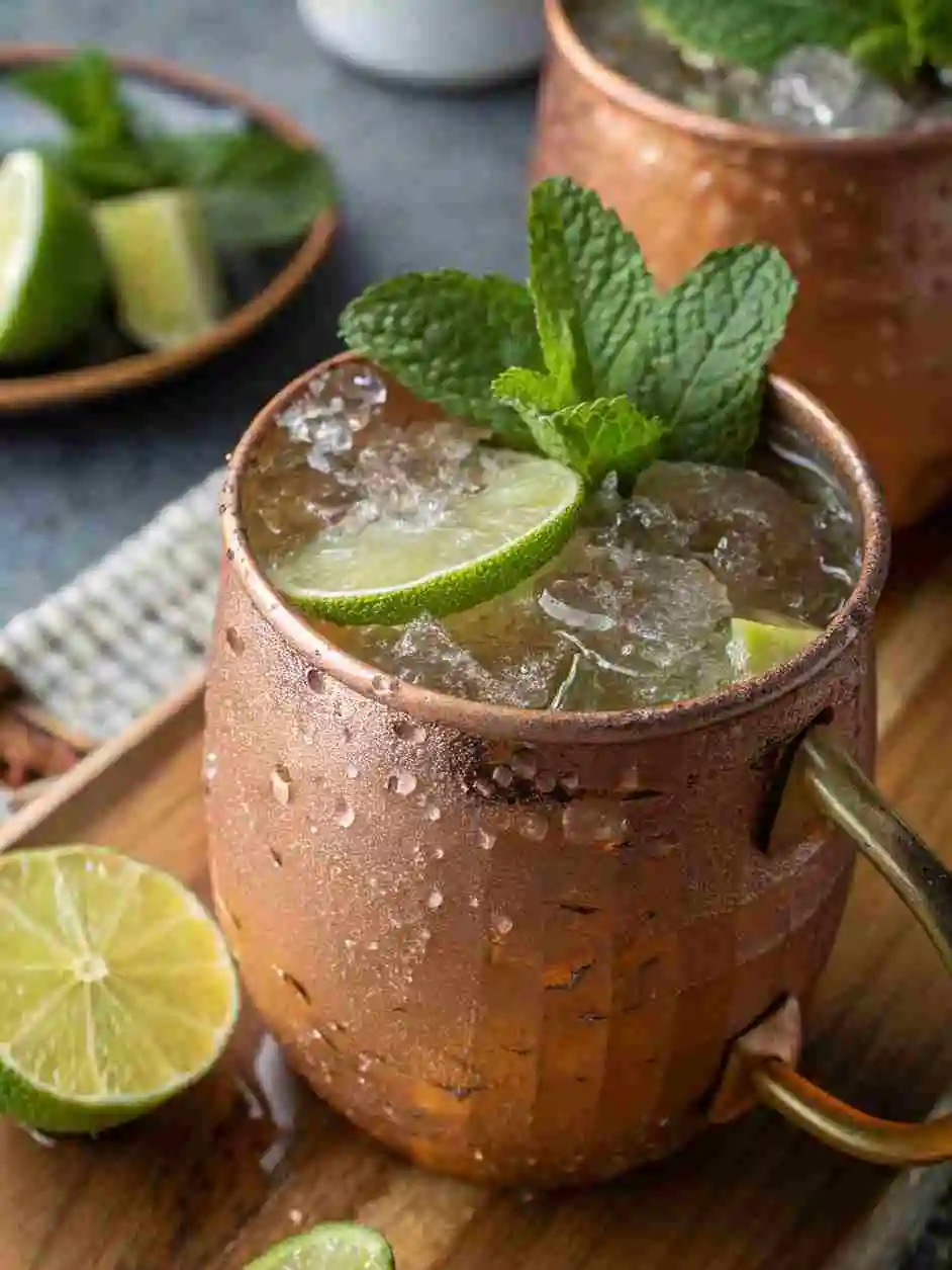 moscow-mule-mocktail-recipe1 Moscow Mule Mocktail in a copper mug with lime and mint