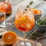 Non Alcoholic Aperol Spritz Mocktail with orange and thyme