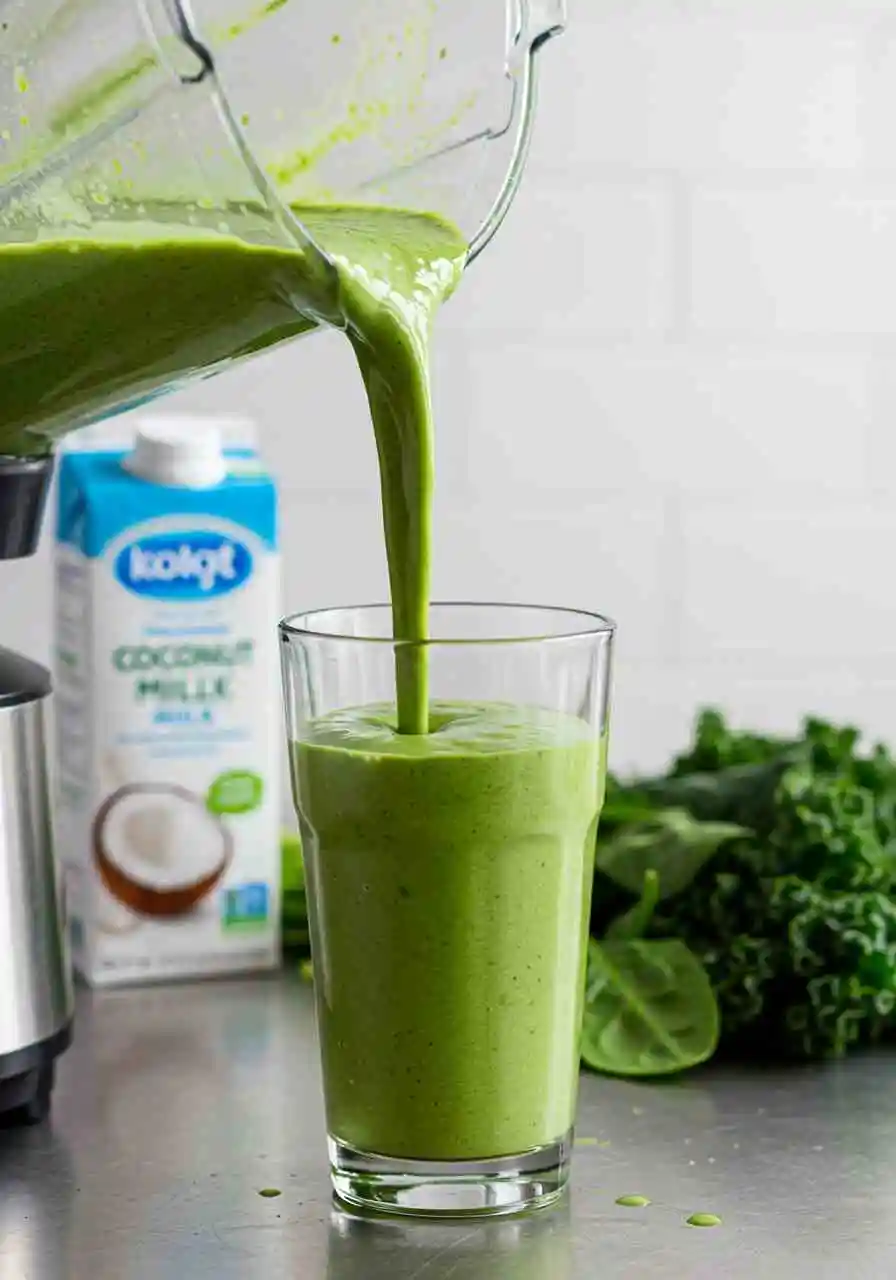 pouring-matcha-green-smoothie Pouring blended matcha green tea smoothie