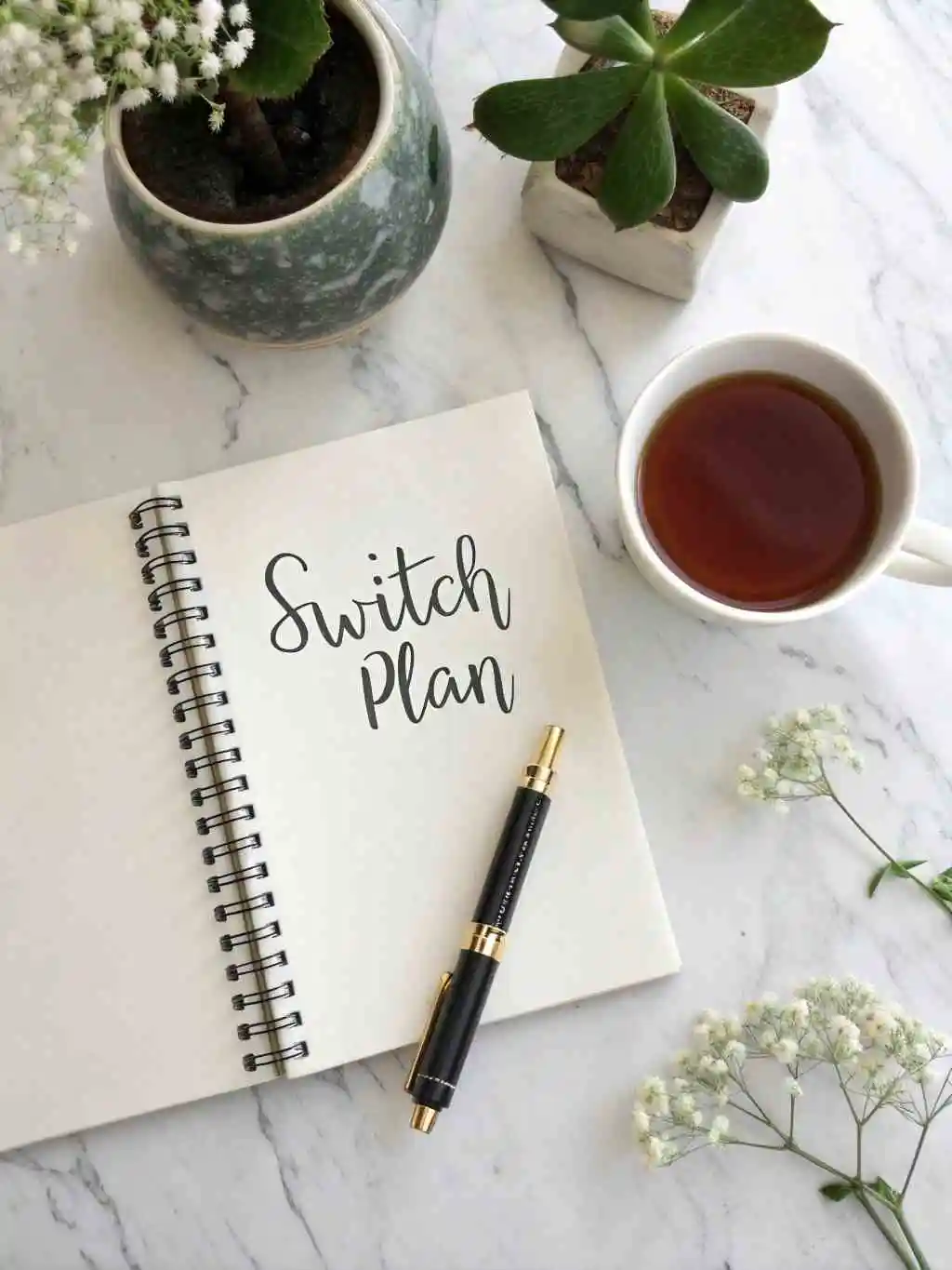 switching-from-zepbound-to-wegovy-featured Notebook with “Switch Plan” text, tea, and plants — switch from Zepbound to Wegovy.
