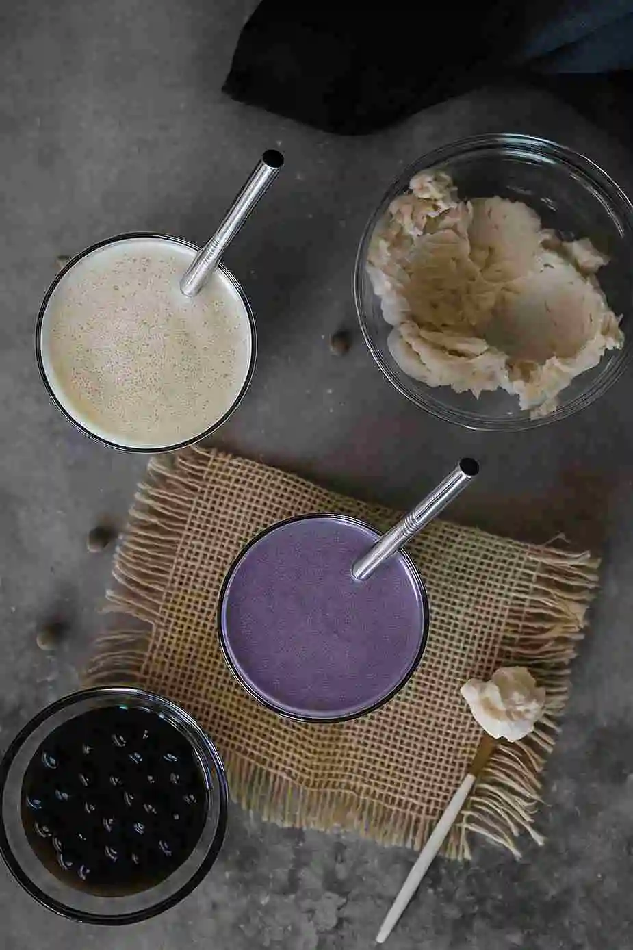 taro-bubble-tea Top-down view of two glasses of bubble tea