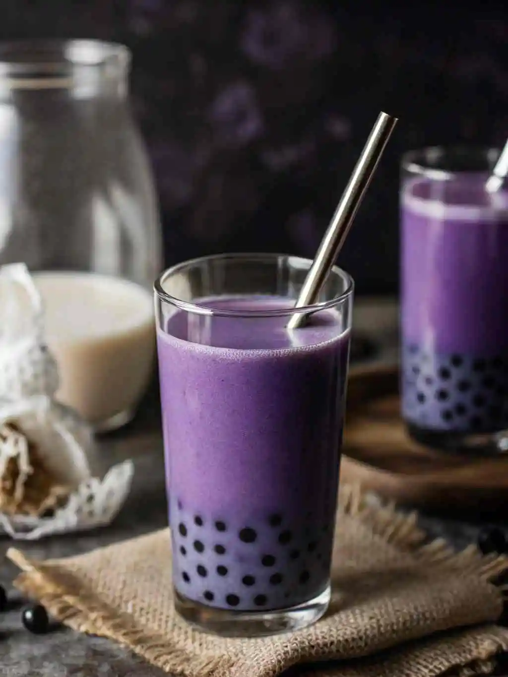taro-milk-tea-closeup Taro milk tea with boba pearls in a clear glass