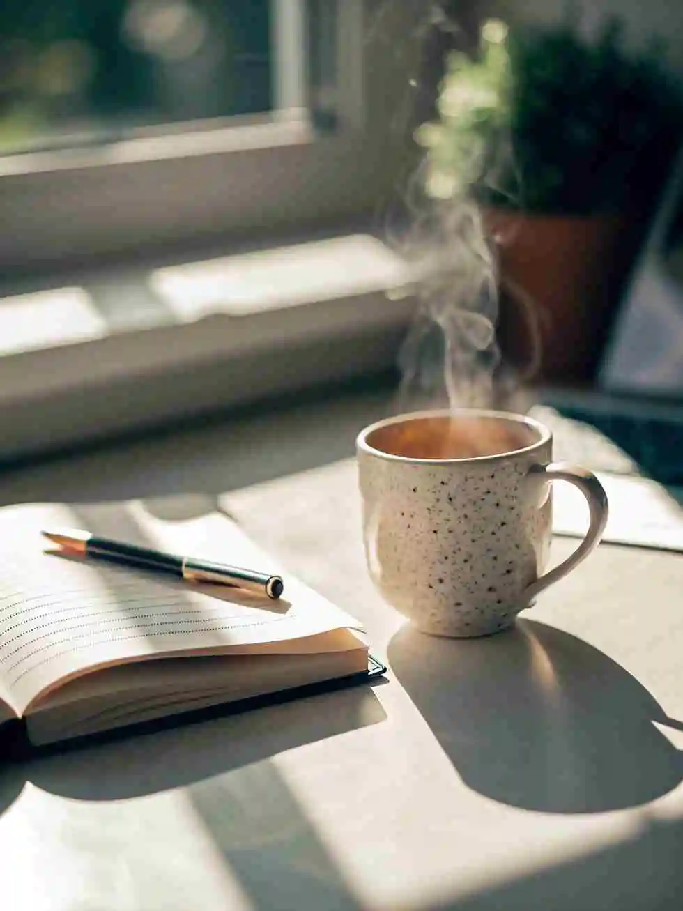 zepbound-fatigue A steaming mug of coffee beside an open notebook and pen on a sunlit marble table.