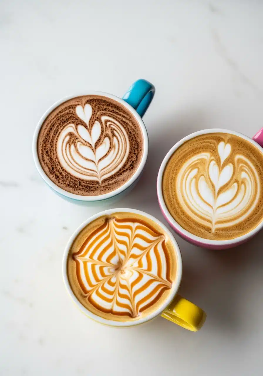 breve-coffee-flavor-variations. Mocha, caramel, and vanilla breve coffee cups
