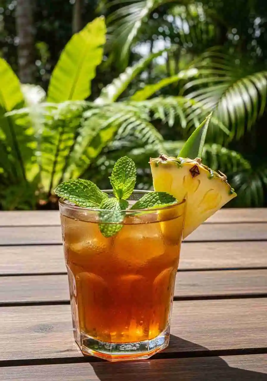 costa-rican-tea-featured Costa Rican Tea recipe with pineapple and mint served outdoors