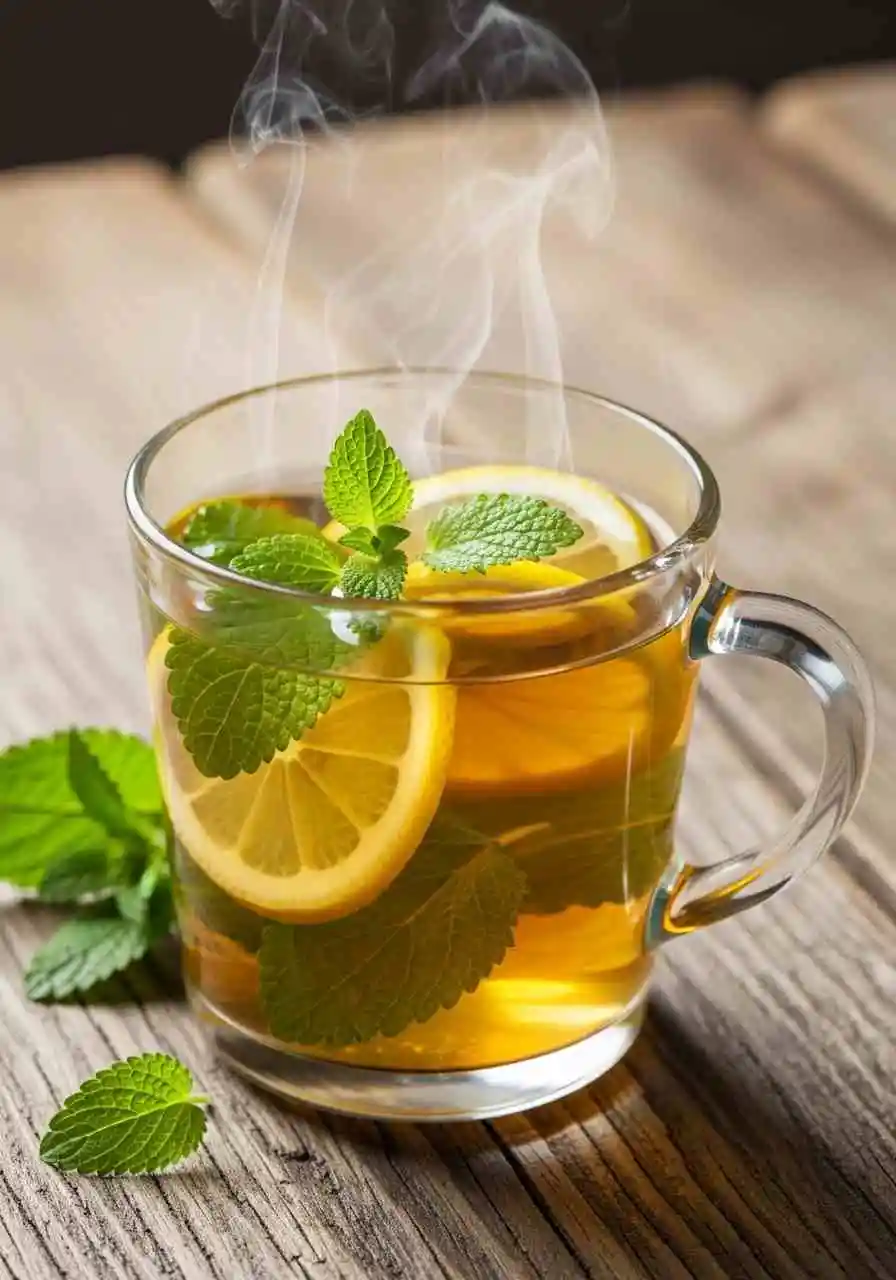 lemon-balm-tea-recipe-weight-loss-featured lemon balm tea recipe for weight loss in a clear mug with lemon slices