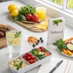 A healthy meal plan for Zepbound guide laid out on a kitchen counter with fresh food, water, and a notebook.