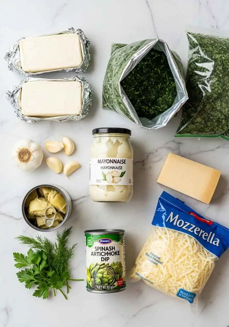 baked-spinach-artichoke-dip-ingredients-flatlay Essential ingredients for easy spinach artichoke dip recipe arranged on counter