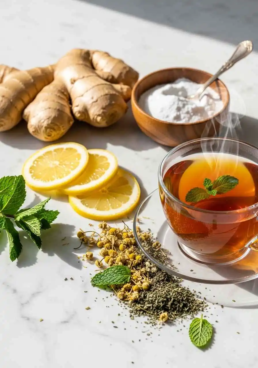instant-sulfur-burps-relief-natural-ingredients Natural ingredients including ginger, lemon, and herbal tea for instant sulfur burps relief