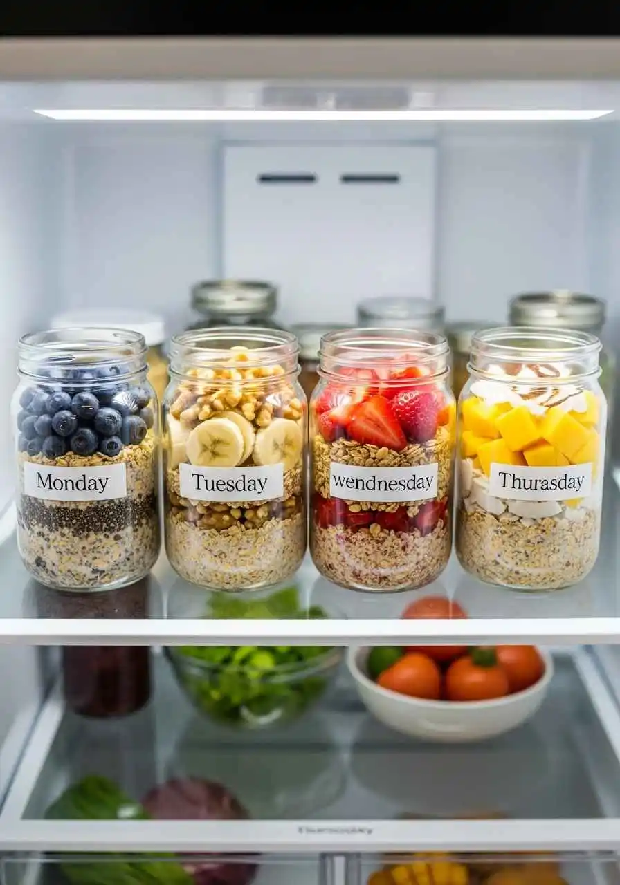 meal-prep-overnight-oats-without-chia-seeds Meal prep overnight oats without chia seeds in mason jars for weekly breakfast