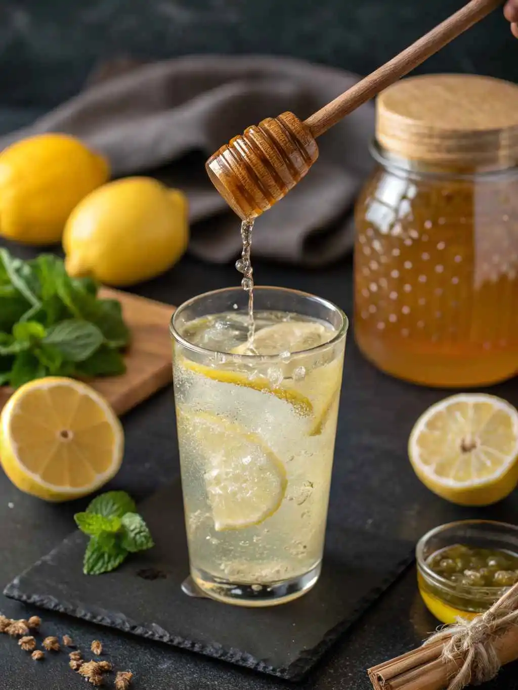 natural-mounjaro-recipe Natural Mounjaro Drink with lemon, ginger, honey in glass