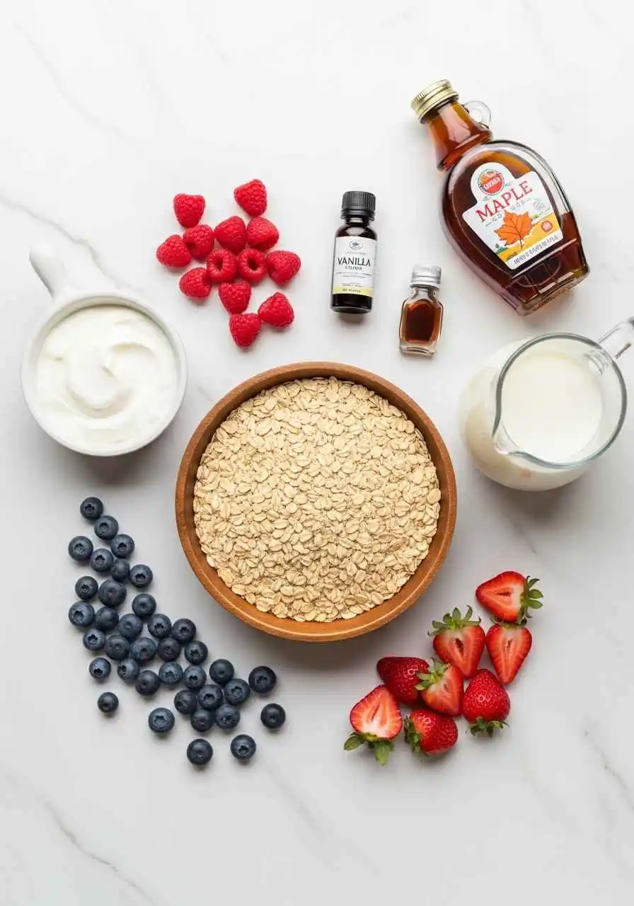 overnight-oats-ingredients-without-chia-seeds Ingredients for overnight oats without chia seeds including oats, milk, and yogurt