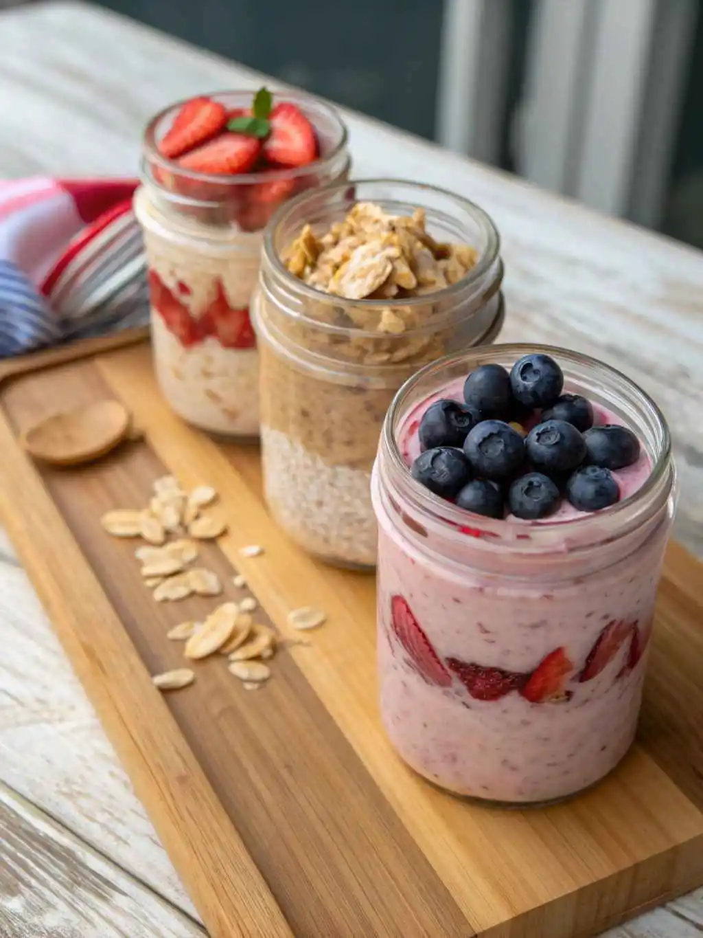 overnight-oats-variations-without-chia-seeds Three variations of overnight oats without chia seeds: strawberry, peanut butter, and blueberry