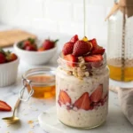 Overnight oats recipe without chia seeds in mason jar with fresh strawberries