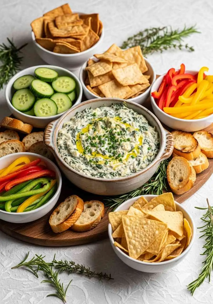 spinach-artichoke-dip-party-serving-ideas Spinach artichoke dip served with various healthy dippers for parties