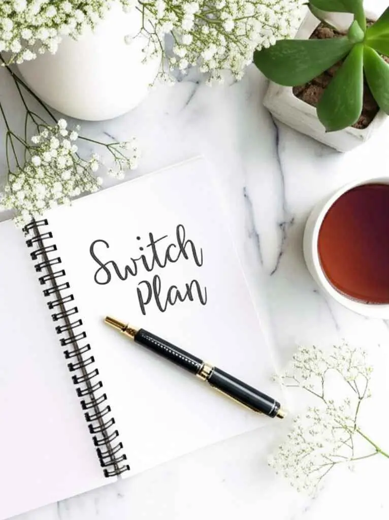 switching-from-zepbound-to-wegovy Notebook with “Switch Plan” text, tea, and plants — switch from Zepbound to Wegovy.