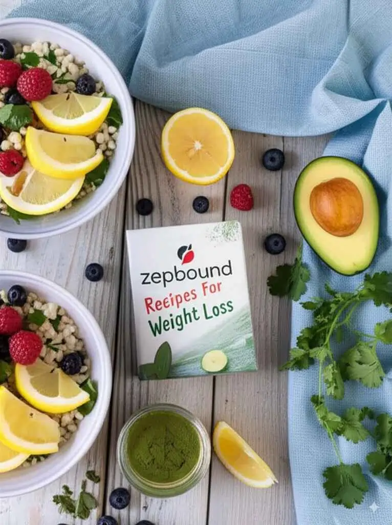 zepbound-recipes-for-weight-loss Flat lay of Zepbound Recipes for Weight Loss book surrounded by healthy foods including grilled chicken, avocado, lemon, berries, and grain bowls.