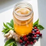 Homemade kombucha brewing with SCOBY and natural ingredients