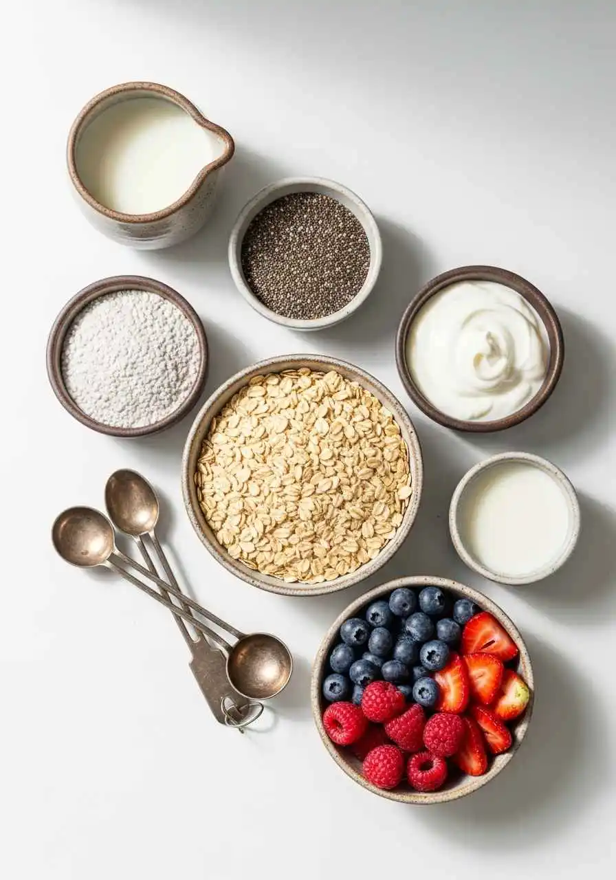 overnight-oats-recipe-ingredients-components-healthy Overnight oats recipe ingredients oats chia seeds almond milk Greek yogurt berries
